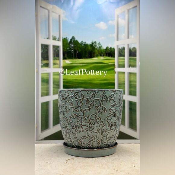 Floral Vines Vintage Inspired (LG) Turquoise Ceramic Planter with Saucer - Picture 1 of 9